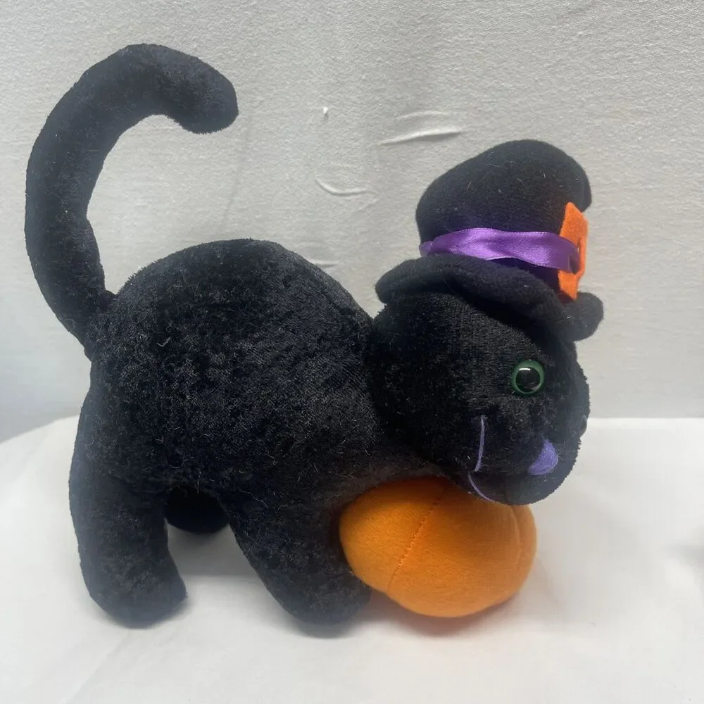 Vintage Halloween Plush Black Cat Hat Pumpkin Arched Back Decoration Fall Autumn